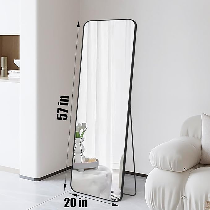 57x20 Door Hanging Full Length Mirror, Floor Stand (Height 5.7ft just Body in1.3ft) Wall Mounted Metal Frame Rectangle Dressing Mirrors for Bedroom Room 57 inch Black