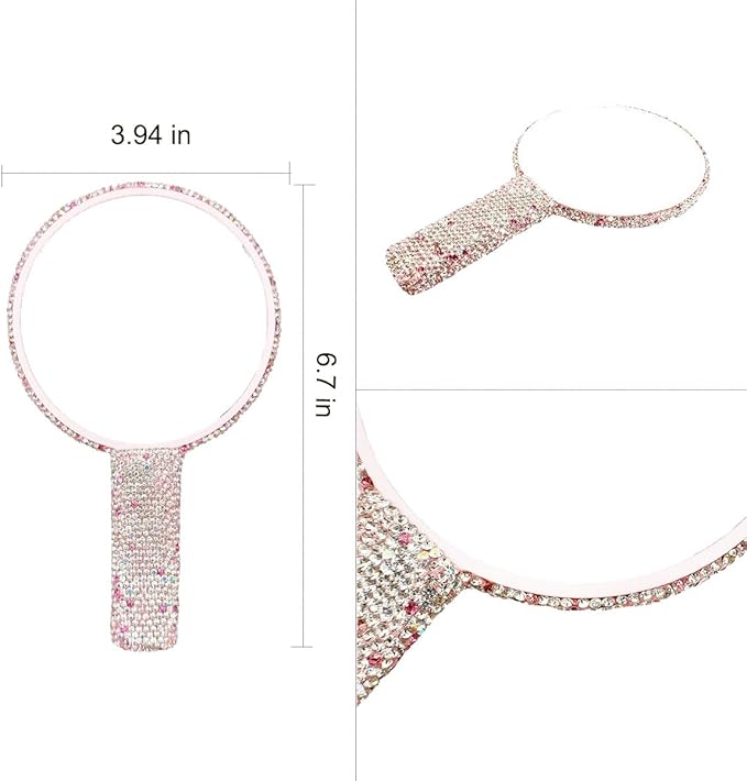 LOPURO Sparkling Rhinestone Round Shaped Handheld Mirror, Rhinestone Handheld Round Mirror Bling Glitter Cute Cosmetic Hand Mirror with Handle Portable Makeup Mirror for Women Travel