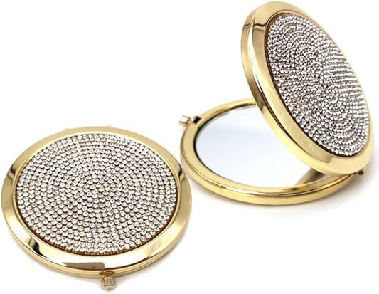 2pcs Magnifying Compact Mirrors Pocket Makeup Mirror 1X 2X Folding Cosmetic Mirror Foldable Mini Round Travel Mirrors 2.75 Inch Sturdy Metal with Diamonds Gifts for Women Girls (Golden)