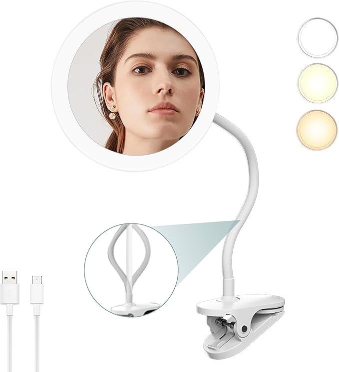 10X Magnifying Clip on Makeup Mirror Gooseneck, 6.5" Vanity Mirror with Light, 2000mAh USB Recharge 360° Rotating,Clip On Gooseneck Magnifying Vanity Mirror with Light,Travel Makeup Mirror (White 10X)