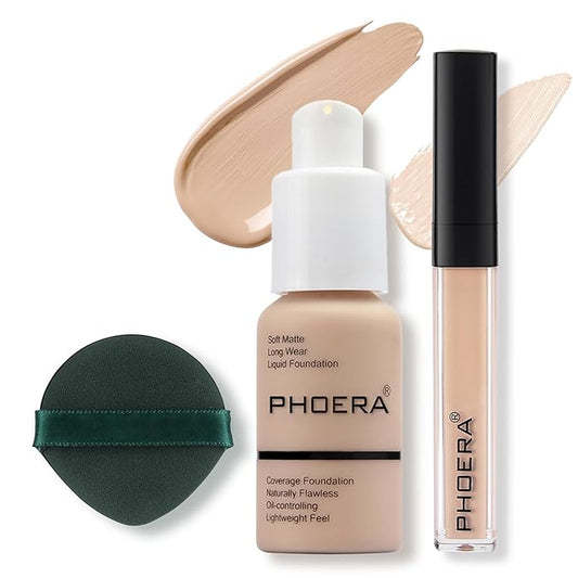 2PC Foundation Makeup&Liquid Concealer,Naturally Liquid Foundation,Full Coverage Mattle Oil-Control Concealer,Multi-Use Makeup Concealer for Acne,Dark Circles(A102+102, 30ml+3ml)