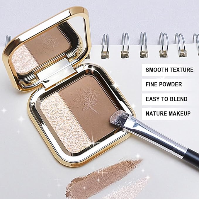 Matte Shimmer Highlight Bronzer Powder Palette with Mirror for Face Cheek Contour Brightening,Buildable Coverage Natural Makeup,Ultra Sculpt Nose Shadow (Light Pink Highlighter+Neutral Gray Contour)