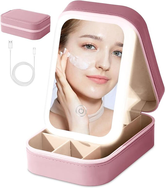 Small Travel LED Makeup Mirror Case with 3 Adjustable Color Light Settings, Dust-Proof Jewelry Box, Mini Cosmetic Train Case Ideal for Short Trips (Pink)