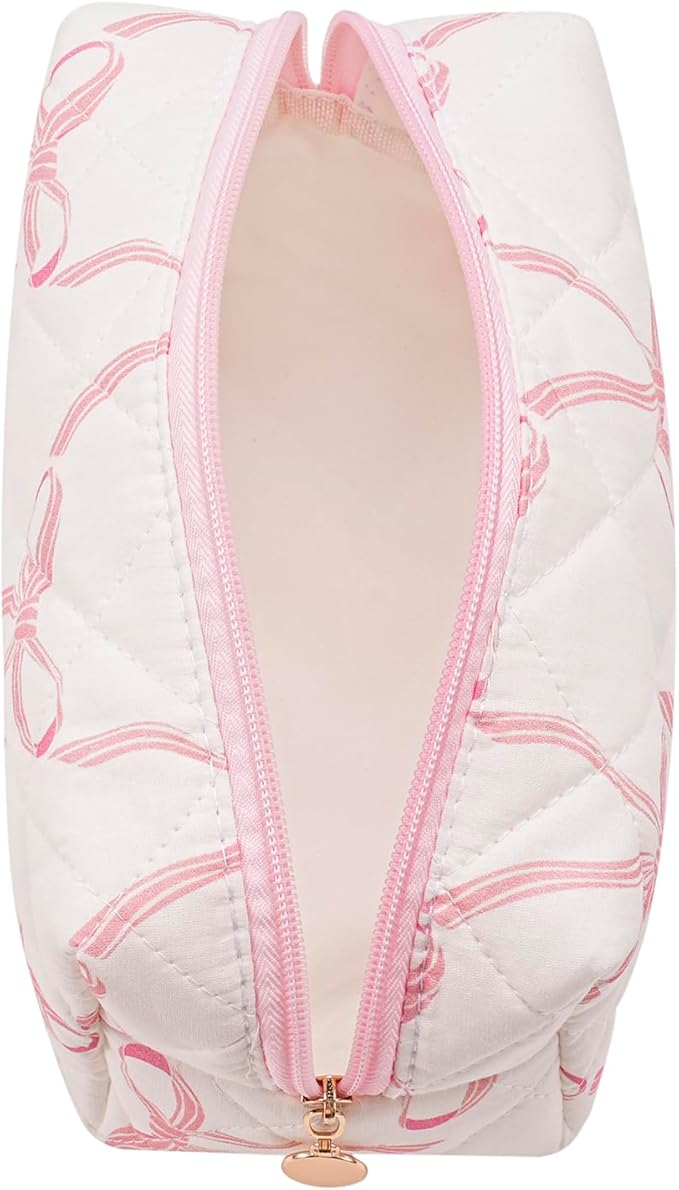 Gleyemor Small Quilted Makeup Bag for Women, Cute Floral Bow Cosmetic Bag, Emergency Bag Travel Toiletry Cotton Pouch Gifts for Girls Her Mom Friend Sister Bridesmaid (Big Pink Bow)