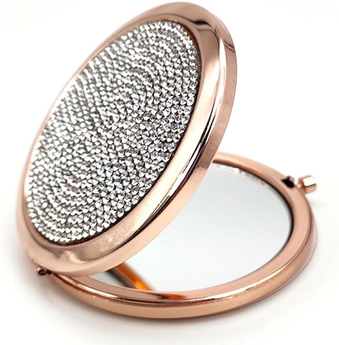 2pcs Magnifying Compact Mirrors 1X 2X Folding Makeup Mirror Mini Round Travel Mirrors 2.75 Inch Foldable Pocket Purse Cosmetic Mirror Sturdy Metal with Diamonds Women Girls Gifts (Rose Gold)