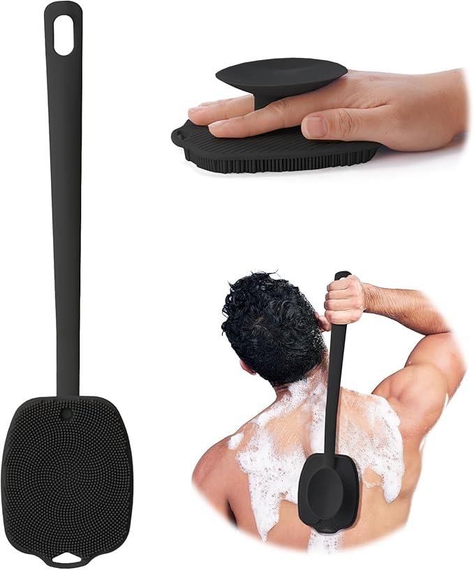 Silicone Back Scrubber for Shower, Detachable Long Handle Body Scrub Brush, Shower Brush for Shower Exfoliating and Message, Dual Purpose Overall Cleaning - Black