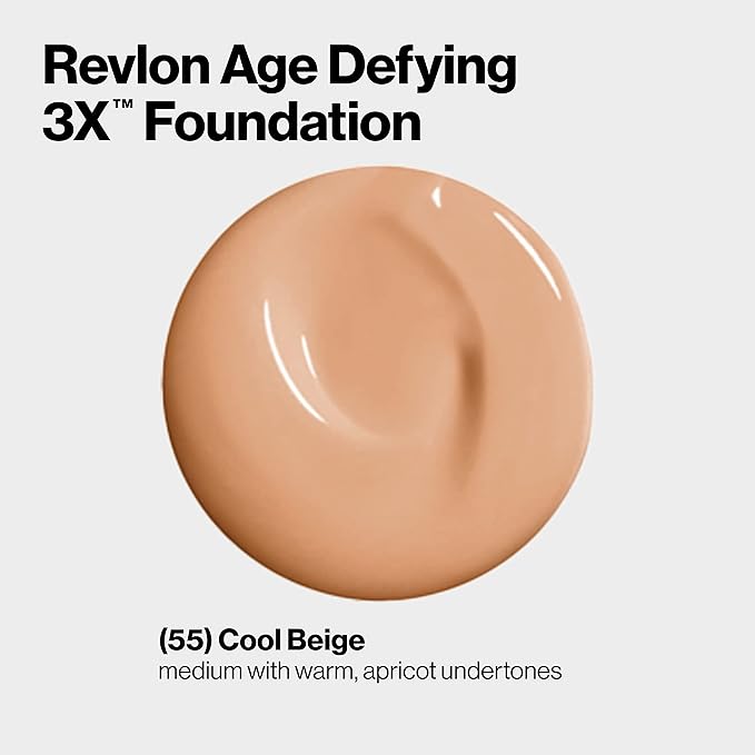 Revlon Age Defying 3X Makeup Foundation, Firming, Lifting and Anti-Aging Medium, Buildable Coverage with Natural Finish SPF 20, 055 Cool Beige, 1 fl oz