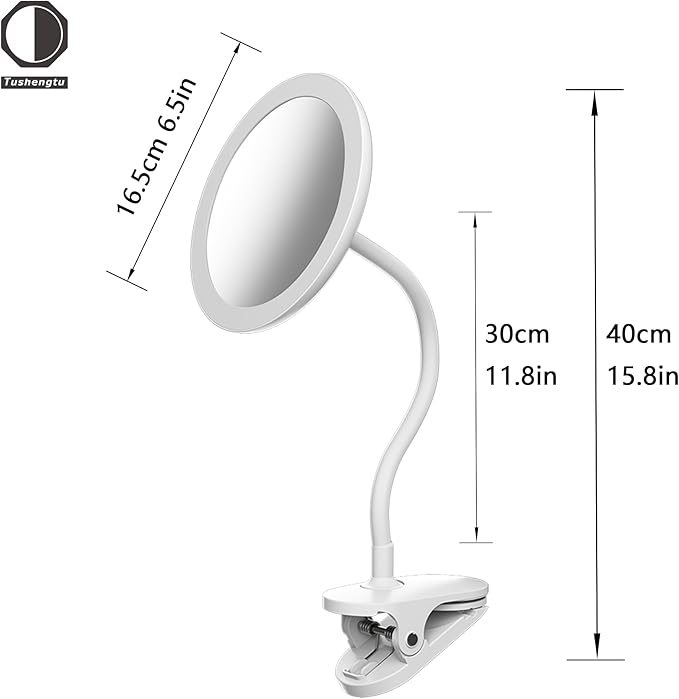 10X Magnifying Clip on Makeup Mirror Gooseneck, 6.5" Vanity Mirror with Light, 2000mAh USB Recharge 360° Rotating,Clip On Gooseneck Magnifying Vanity Mirror with Light,Travel Makeup Mirror (White 10X)