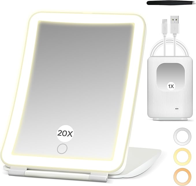 2 in 1 64 LED Travel Magnifying Mirror with Light, Portable 20X/1X Lighted Makeup Mirror with Rechargeable 1000mAh Battery, 3 Colors Dimmable Lighting Folding Cosmetic Vanity Mirror