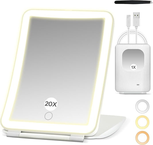2 in 1 64 LED Travel Magnifying Mirror with Light, Portable 20X/1X Lighted Makeup Mirror with Rechargeable 1000mAh Battery, 3 Colors Dimmable Lighting Folding Cosmetic Vanity Mirror