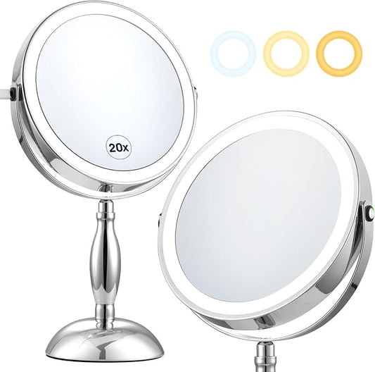 Makeup Mirror with Lights, 20X Magnifying Mirror with Light and STC- Side Charging & Side Touch Switch, Vanity Mirror with 3 Color Light and 2-Side 360° Rotation Double Sided Standing Desk Mirror