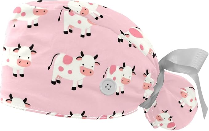 2 PCS Bouffant Cap with Button Ponytail Pouch Working Cap Sweatband Adjustable Surgical Cap Black and White Cow