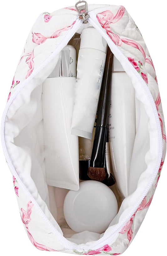 Makeup Bag Travel Cosmetic Bag for Women Girls, Zipper Make Up Pouch, Floral Flowers Toiletry Organizer Makeup, Portable Storage Cosmetic Travel Cloth Bag (L/Pink Bowknot)
