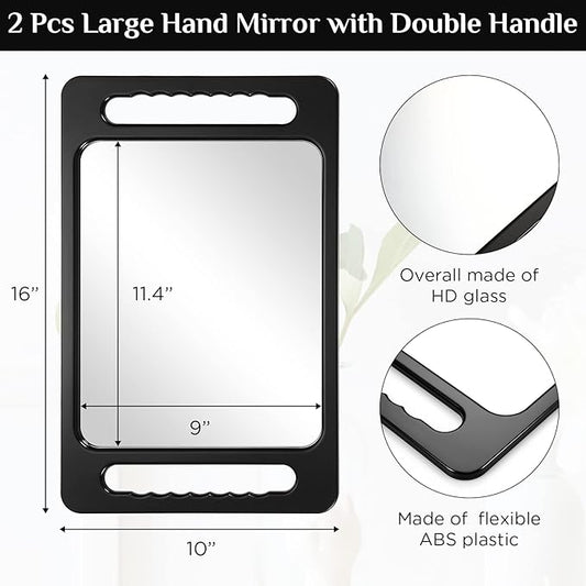 Kigley 2 Pcs Large Hand Mirror with Double Handle Barber Mirror Unbreakable Rectangular Hand Held Hair Salon Equipment Hairstylist and Barber Accessories, Black, 15.75 x 9.84 Inches/ 40 x 25 cm