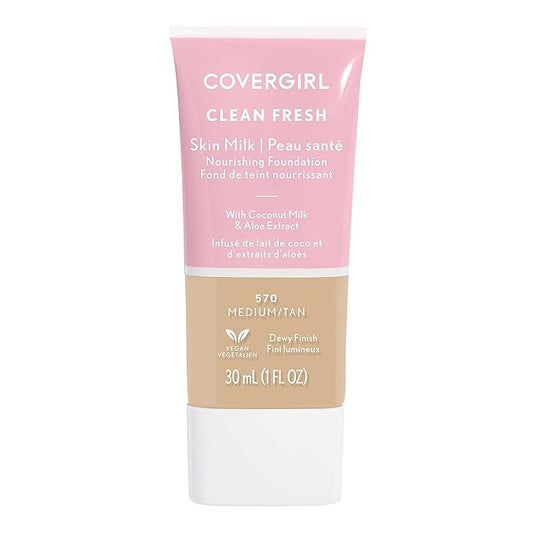 COVERGIRL Clean Fresh Nourishing Skin Tint, 570 Medium/Tan, Liquid Foundation, Dewy Finish, Infused with Coconut & Aloe, Vegan Formula