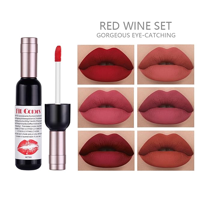 BONNIE CHOICE 6 Colors Wine Bottle Lip Tint Stain Set, Waterproof Long Lasting 24 Hour Wine Bottle Red Matte Lip Stain Non-stick Cup Lip Gloss Matte Liquid Lipstick Mini Makeup Set for Women