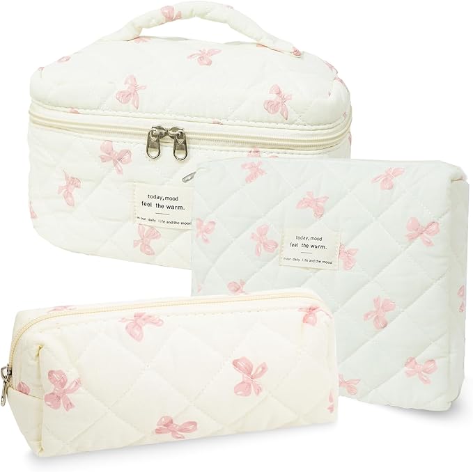 3Pcs Cotton Quilted Makeup Bag Set,Large Floral Cosmetic Bag，Aesthetic Toiletry Travel Makeup Bag Set and Cute Flower Bag for Women Girls (White Pink Bow)