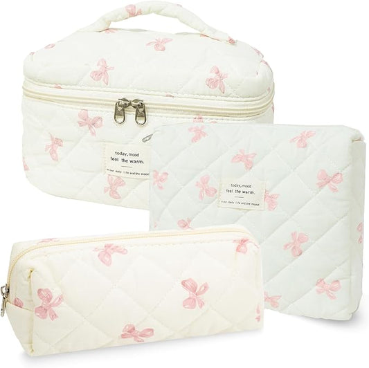 3Pcs Cotton Quilted Makeup Bag Set,Large Floral Cosmetic Bag，Aesthetic Toiletry Travel Makeup Bag Set and Cute Flower Bag for Women Girls (White Pink Bow)