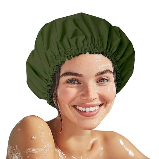 Shower Cap for Women Set of 4, 1 Double-Layer Waterproof Bath Cap + 3 Single-Layer Waterproof Shower Caps – Reusable Hair Protector, TPU Coated Elastic Bathing Cap for Women & Men - Dark Green