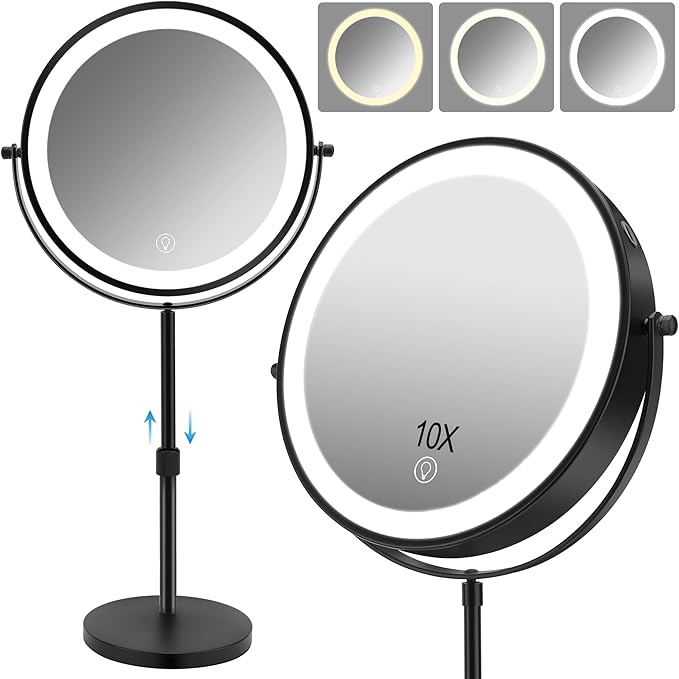 8.7" Large Lighted Makeup Mirror, 1X/10X Magnifying Mirror with 3 Color Dimmable Lights, Double Sided Vanity Mirror, Height Adjustable, 360° Swivel Cosmetic Mirror for Women Girl(Black)