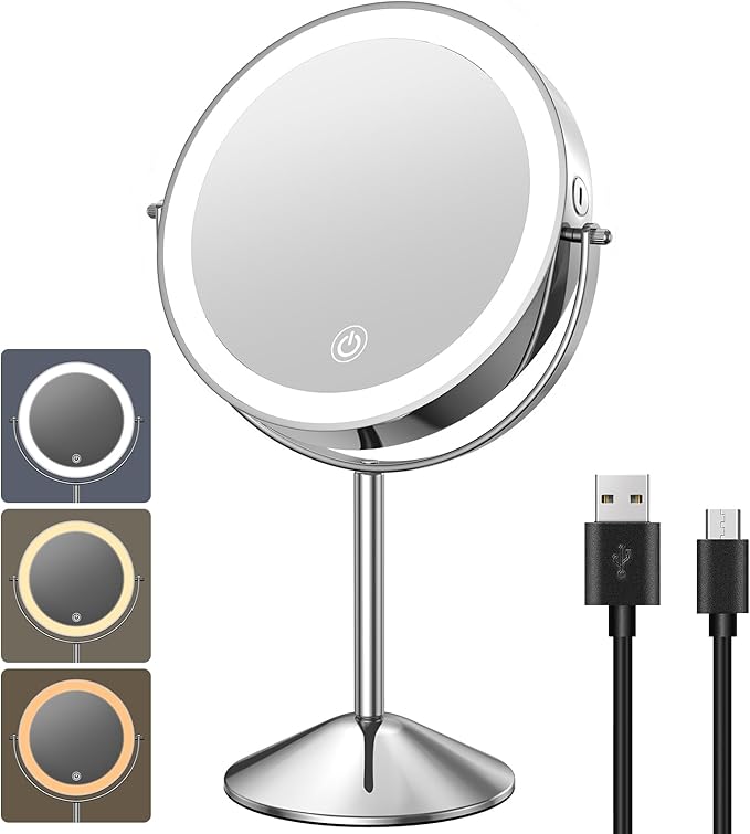 Benbilry 8 Inch Lighted Makeup Vanity Mirror with Lights and Magnification, 1X/10X Magnifying Rechargeable Double Sided Light Up Mirror with 3 Color Dimmable Lights, 360° Swivel Cordless, Silver