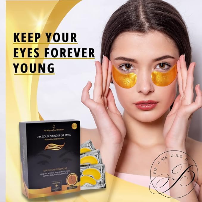24K Gold Under Eye Patches, Under Eye Mask Dark Circles and Puffiness, Wrinkles Patches with Hydrogel, Collagen Eye Pad Improves Elasticity Self Care,16 Pairs (2 packs)