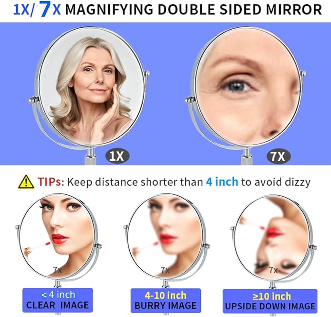 19 Inch Tabletop Makeup Mirror 8 Inch Double-Sided 7X Magnification, High Adjustable Mirror with Pedestal for Bathroom, Standing Chrome Finish (Silver)