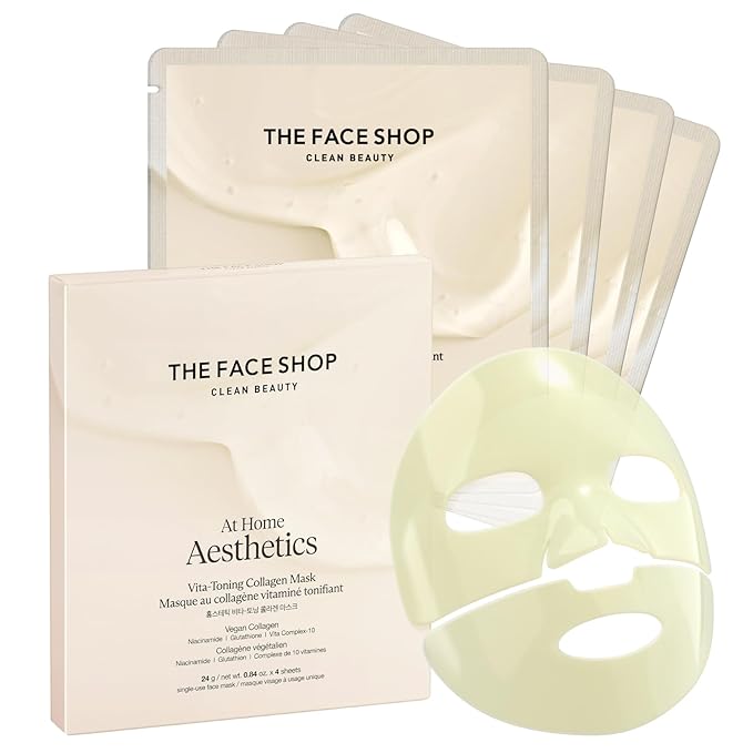 THE FACE SHOP Vita-Toning Vegan Collagen Face Mask, Korean Glass Skin Essential, Hydrogel Mask for Moisturizing & Skin Elasticity, Improves Uneven Tone, 4EA