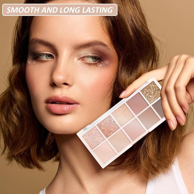 10 Colors Eyeshadow Palette,Matte&Glitter&Shimmer Eyeshadow Makeup,Naturing-Looking,High Pigment Waterproof Eye Shadow Palette Makeup, 100% Cruelty-free (09#Shimmer Brown)