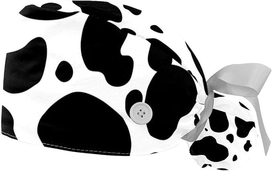 2 PCS Bouffant Cap with Button Ponytail Pouch Working Cap Sweatband Adjustable Surgical Cap Black and White Cow