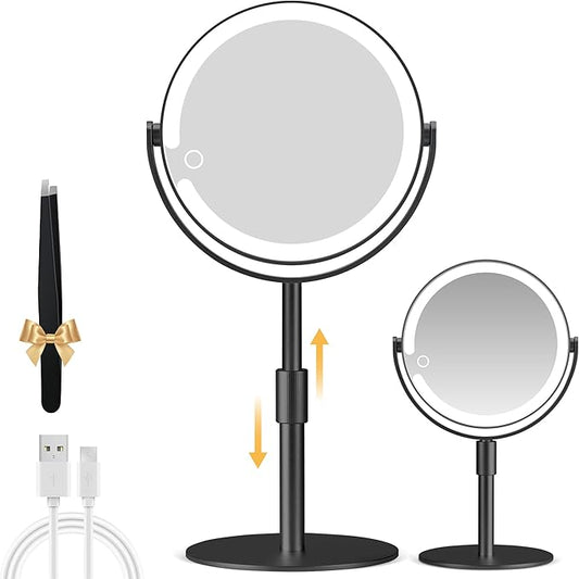Magnifying Mirror with Light 20X, Height-Adjustable Lighted Makeup Mirror with Magnification, Double - Sided Aluminum Alloy LED Mirror, 3 Lighting Modes Ideal for Desk Bathroom Makeup, Black