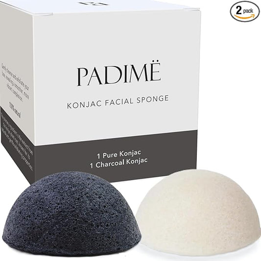 Padime 2pcs | Real Konjac Sponge Face | Natural for Face Cleansing | Korean Routine | Charcoal Sponge & Pure Konjac for Cleansing and Exfoliating | 100% Natural & EcoFriendly
