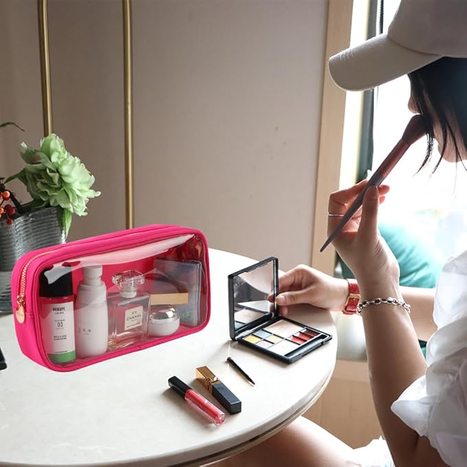 Medium Preppy Transparent Makeup Pouch Women Travel Clear TPU and Nylon Cosmetic Pouch (Medium, HotPink)