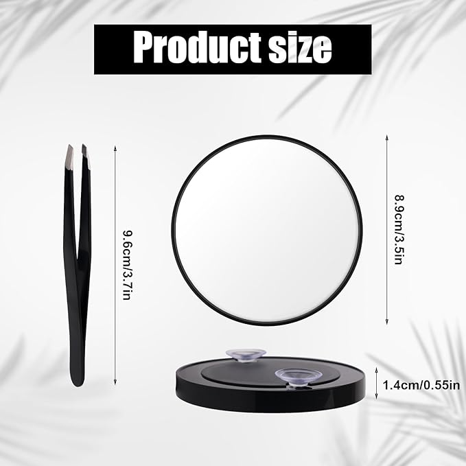 10x Magnifying Mirror, Easy Mounting 10x Magnifying Mirror with Suction Cups and Tweezers Magnifying Makeup Mirror Small for Travel Stick on Shower Mirror for Men Women, 3.5 Inch, Black