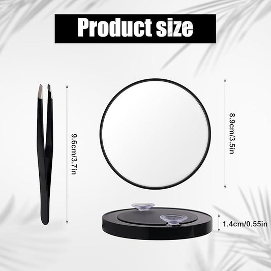 10x Magnifying Mirror, Easy Mounting 10x Magnifying Mirror with Suction Cups and Tweezers Magnifying Makeup Mirror Small for Travel Stick on Shower Mirror for Men Women, 3.5 Inch, Black