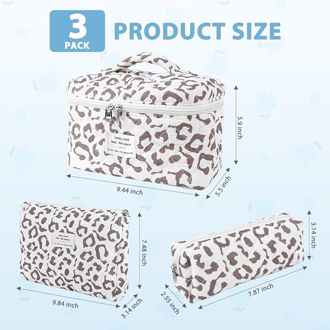 3Pcs Cotton Quilted Makeup Bag Set,Large Floral Cosmetic Bag,Aesthetic Toiletry Travel Makeup Bag Set and Cute Flower Bag for Women Girls(White Leopard Print)