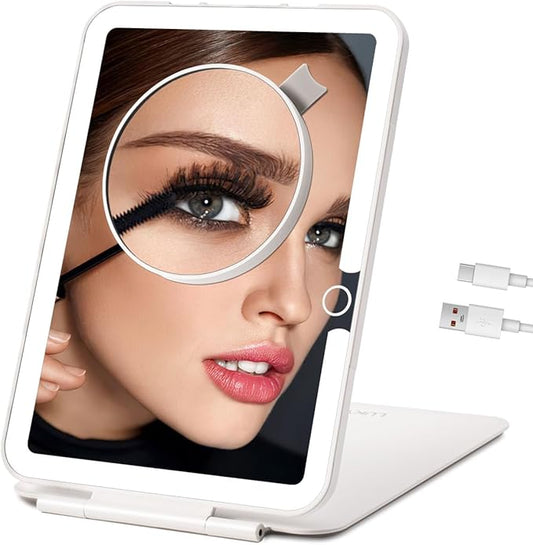 Rechargeable Travel Makeup Mirror with Lights, Portable Lighted Vanity 10X Magnification, 70 LEDs 3 Color Dimmable Touch Screen, Tabletop Folding Compact Cosmetic