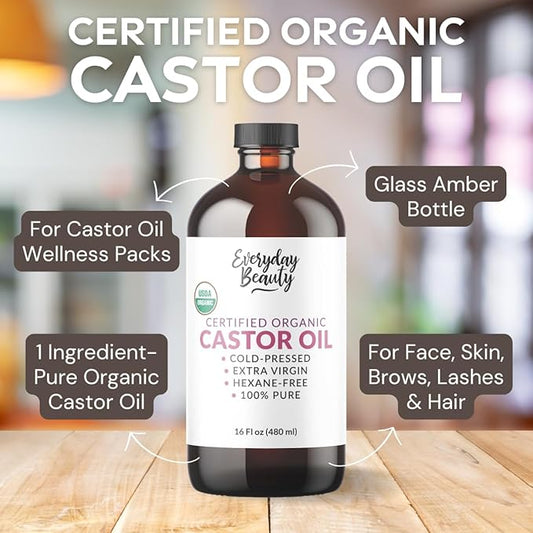 Organic Castor Oil - 16 Fl Oz Glass Bottle -100% Pure Certified USDA Organic, Cold Pressed & Hexane-Free, For Eyelashes, Eyebrows, Hair, Skin & Wellness Packs
