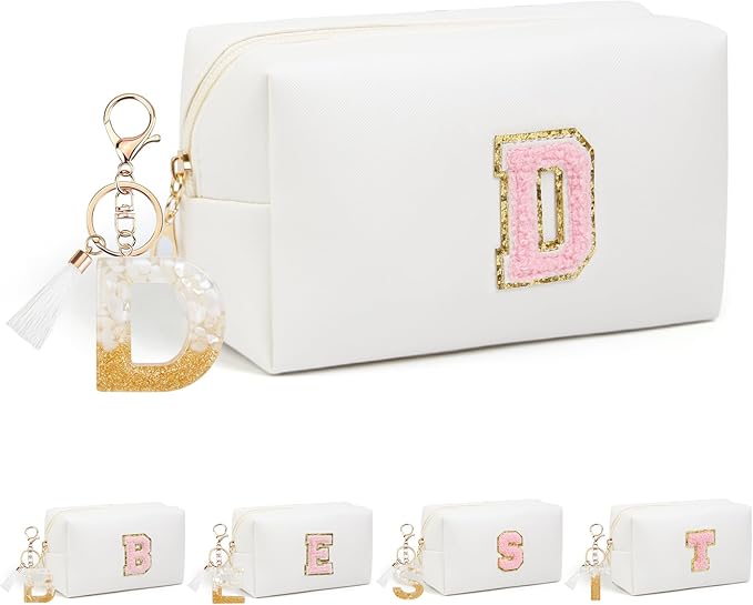 Birthday Gifts for Women Her,Travel Cute Makeup Bag,Large Capacity Cosmetic Bags for Women Makeup Pouch PU Leather Waterproof Cosmetic Bag (D, White)