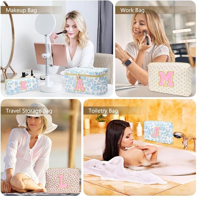 3 PCS Travel Makeup Bag Set, A-Z Initials Cotton Make up Bag Floral Quilted Cosmetic Bag for Girls and Women, Personalized Cute Toiletry Bag Travel Accessories Brushes Bag Yellow - W