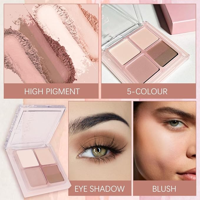 5 Colors Matte Eyeshadow Palette for Eye Makeup, Brown Eyeshadow Quads Velvety Pigmented Blendable Matte, Talc-Free