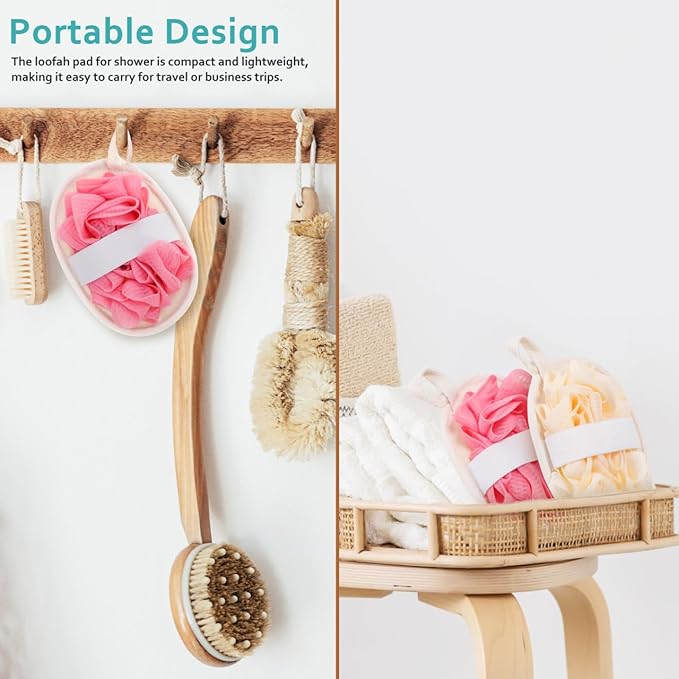 2pcs Loofah Sponge, Exfoliating Body Scrubber, Double-Sided Natural Loofah Pads, Gentle Cleansing and Rich Lather, Travel-Friendly Shower Loofah for Men and Women