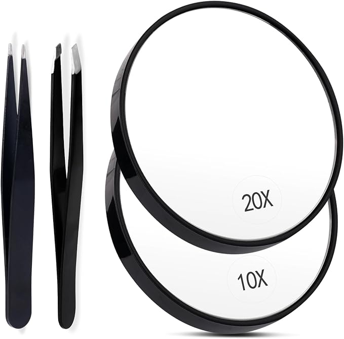 10x 20x Magnifying Mirror,Makeup Mirror 3.46 Inch Magnifying Mirror with Tweezers Kit Portable Mini Travel Magnifying Mirror with Suction Cup Design for Women Men (Black)