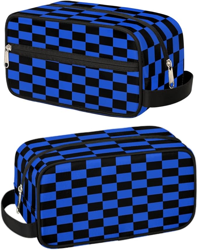 Black Blue Checkerboard Hanging Toiletry Bag,Travel Hygiene Kits for Boys Mens,Waterproof Makeup Carry-on Bags,Cosmetic Bag,TSA Approved Shave Dopp Kit for Toiletries Shower Bathroom Accessories Gifts