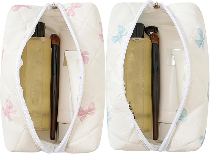 Makeup Bag Travel Cosmetic Bag for Women Girls, Zipper Make Up Pouch, Floral Flowers Toiletry Organizer Makeup, Portable Storage Cosmetic Travel Cloth Bag (Pink Bow Tie+Blue Bow Tie)