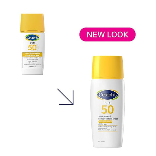 Cetaphil Sheer Mineral Liquid Sunscreen for Face, 100% Mineral UVA/UVB Filters, Zinc Oxide Broad Spectrum SPF 50 Formulated for Sensitive Skin, Unscented, 1.7 Fl Oz