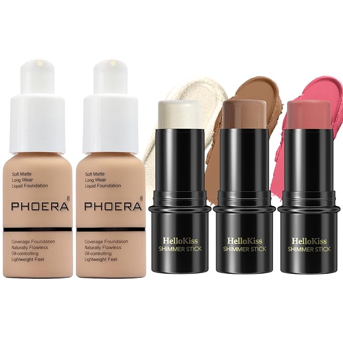 Hilareco PHOERA Foundation,3 PCS Contour Stick Makeup Kit,Shades with Highlighter Stick,Blush Stick and Bronzer Contour (104+104+Light-Medium Contour/Buff Beige+Buff Beige+#02,#10,#12)