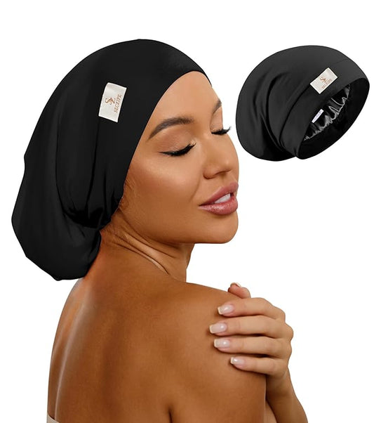 100% Mulberry Silk Bonnet for Sleeping for Curly Hair and Braids, Wrap with Adjustable Strap for Women and Men,Real Silk, Not Satin（1Pc,Black）