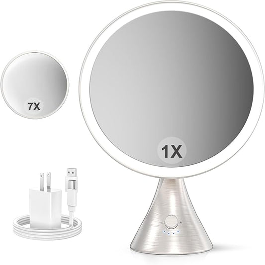10'Large Lighted Makeup Mirror with 7X Magnification Mirror,3 Colors & 10 Brightness,Magnifying Mirror with Light for Makeup Vanity,5000mAh,Pearl Nickel,Gifts Box (Nickel)