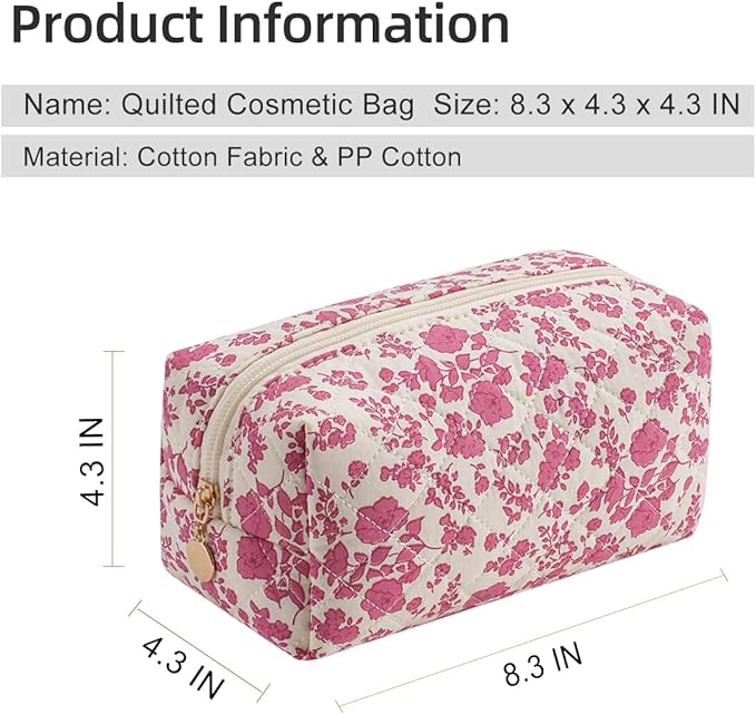 Gleyemor Small Quilted Makeup Bag for Women, Cute Floral Bow Cosmetic Bag, Emergency Bag Travel Toiletry Cotton Pouch Gifts for Girls Her Mom Friend Sister Bridesmaid (Red Floral)